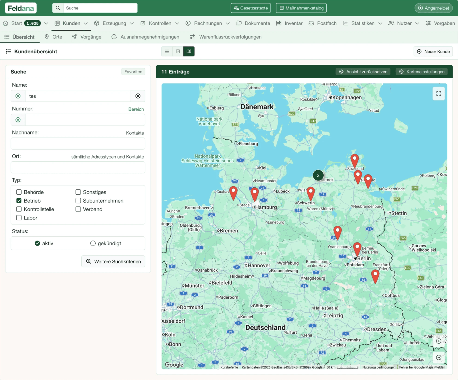 Feldana map view – customer overview with the search results as markers on the map