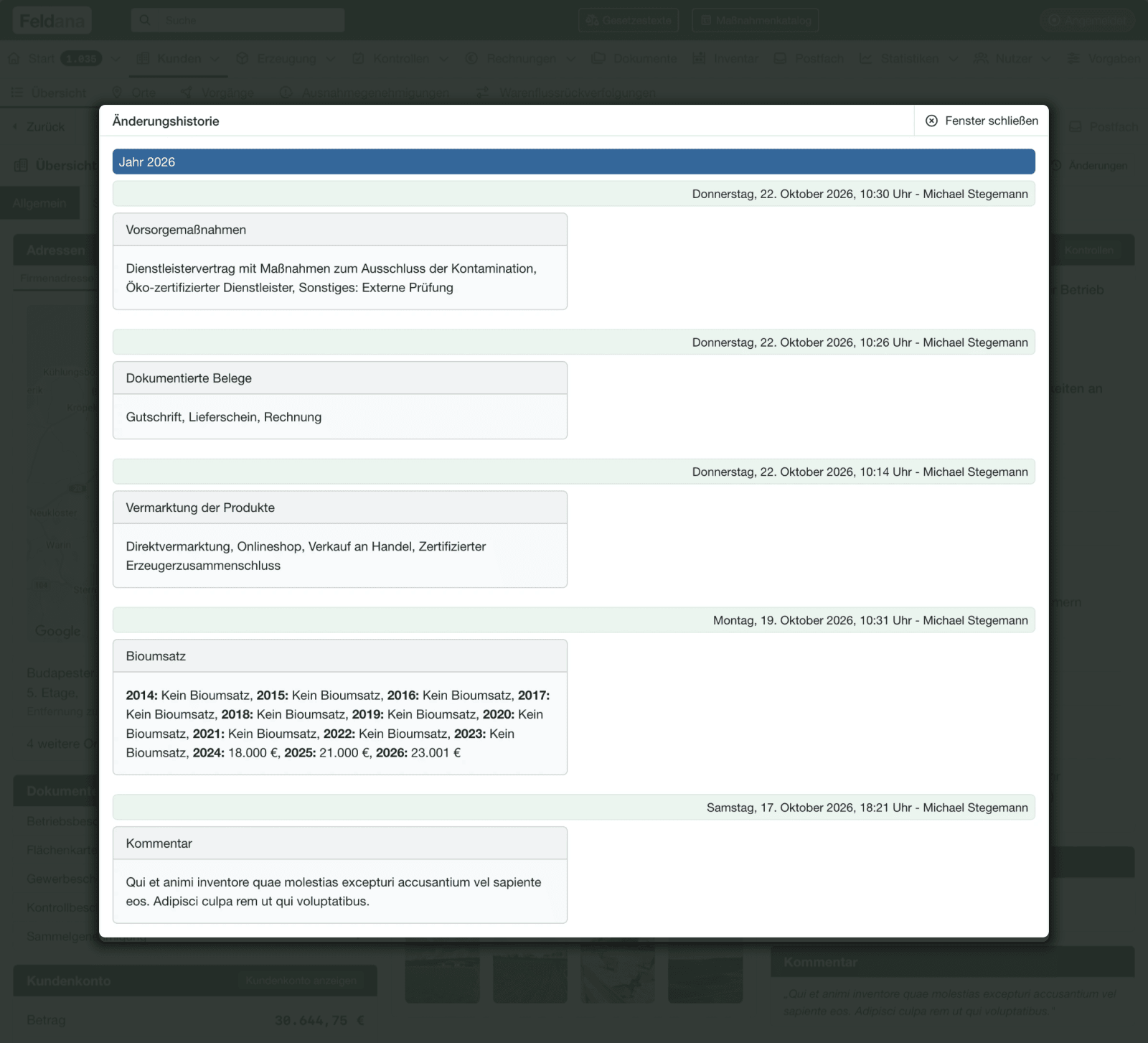 Feldana change history – every change to the customer data grouped by year, with time, editor and changed content