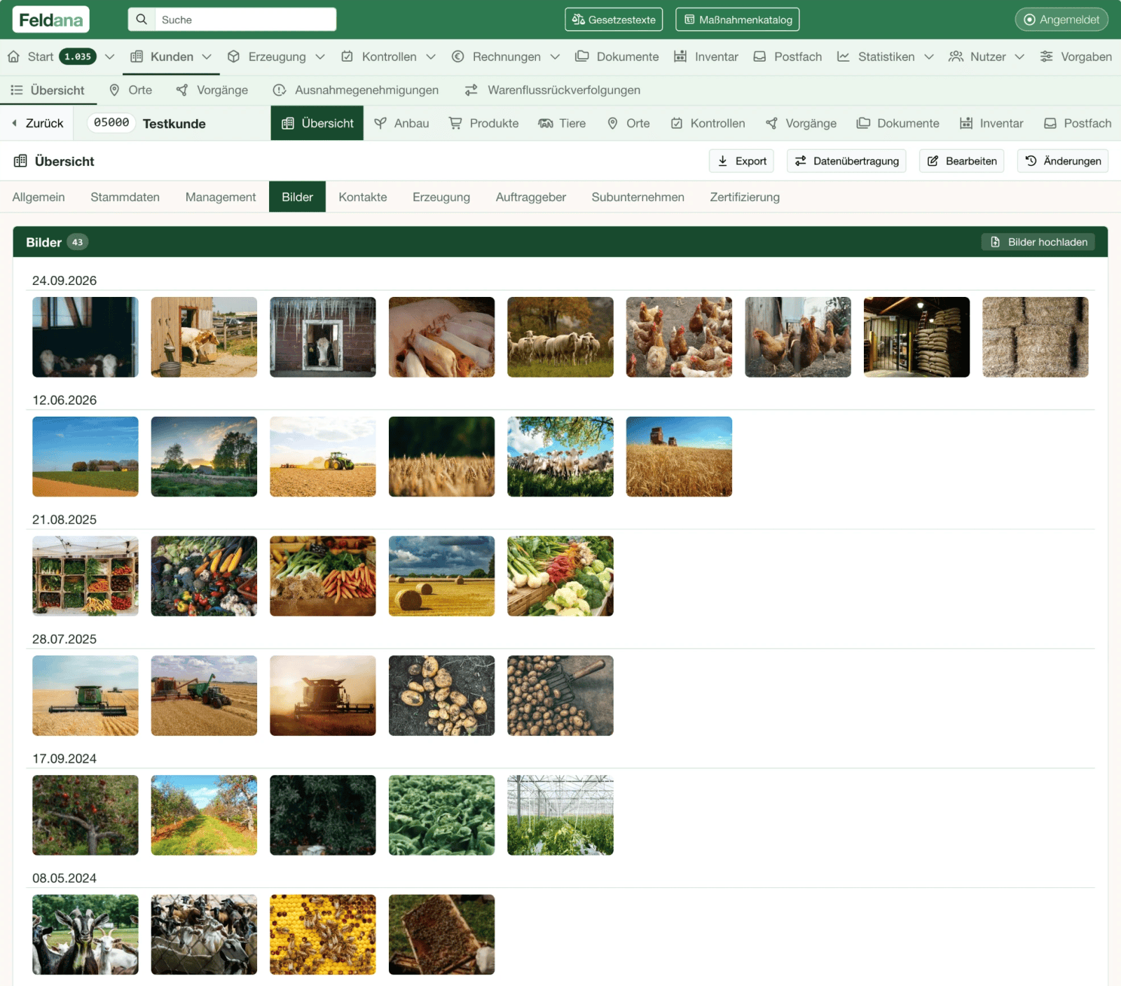 Feldana customer view – images of the farm grouped by date, with upload and image gallery