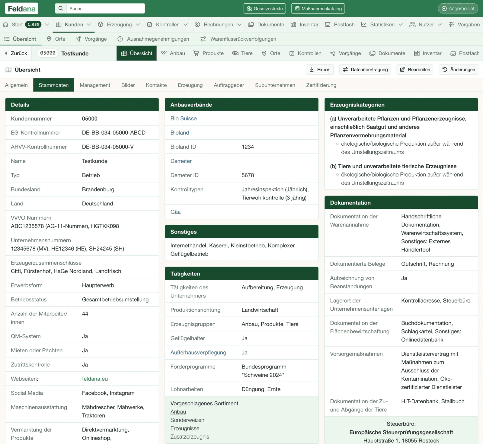 Feldana customer view – master data with details, organic farming associations, product categories, activities and documentation