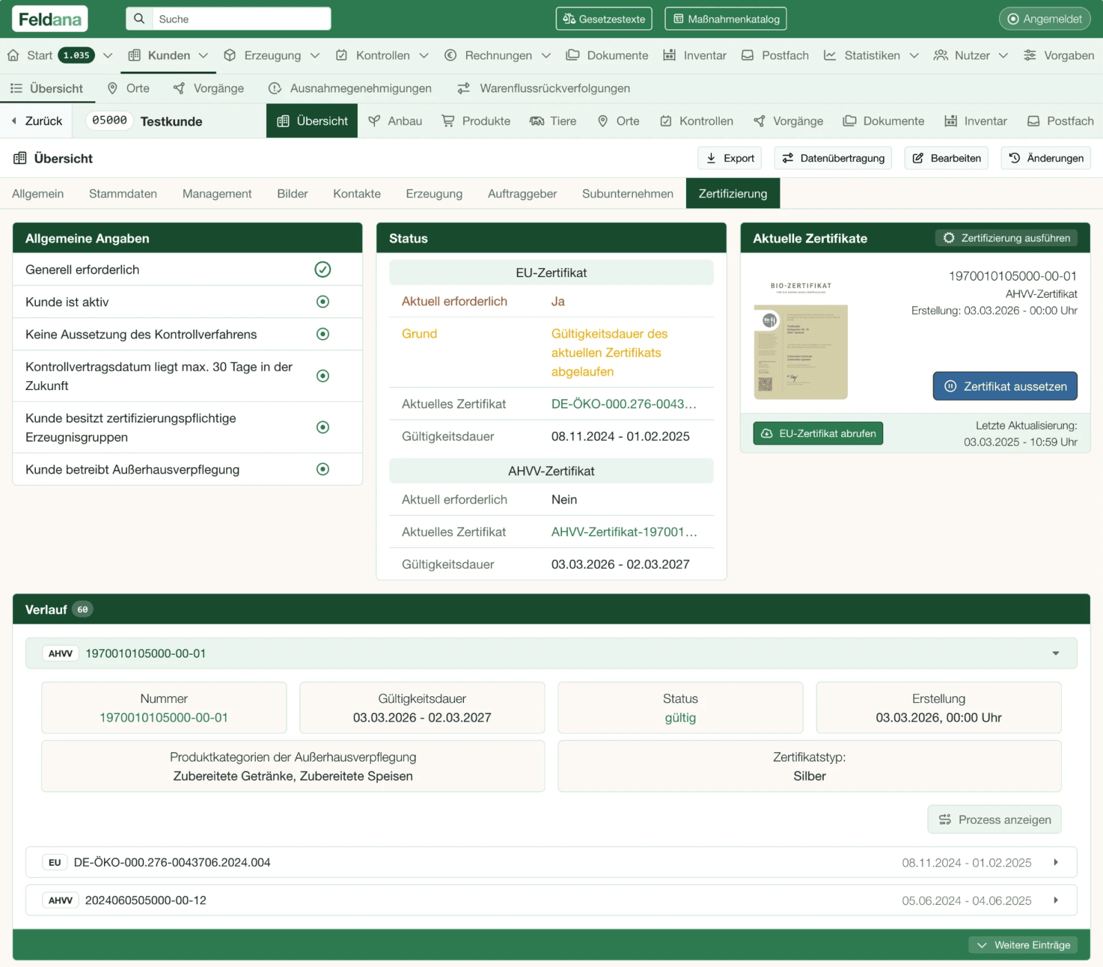 Feldana customer view – certification with requirement checks, status of EU and out-of-home catering certificates, current certificates and history