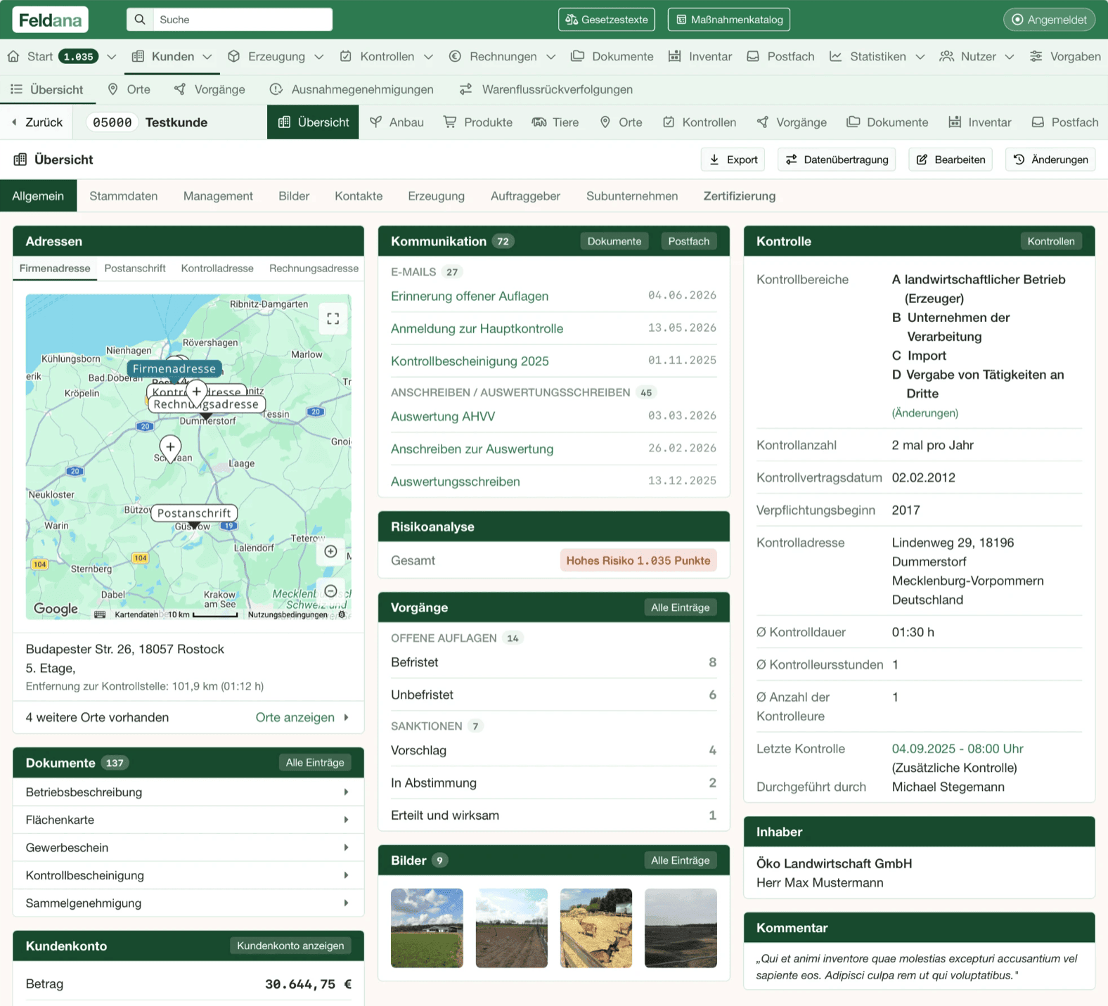 Feldana customer view – overview with addresses, communication, inspections, risk analysis and cases