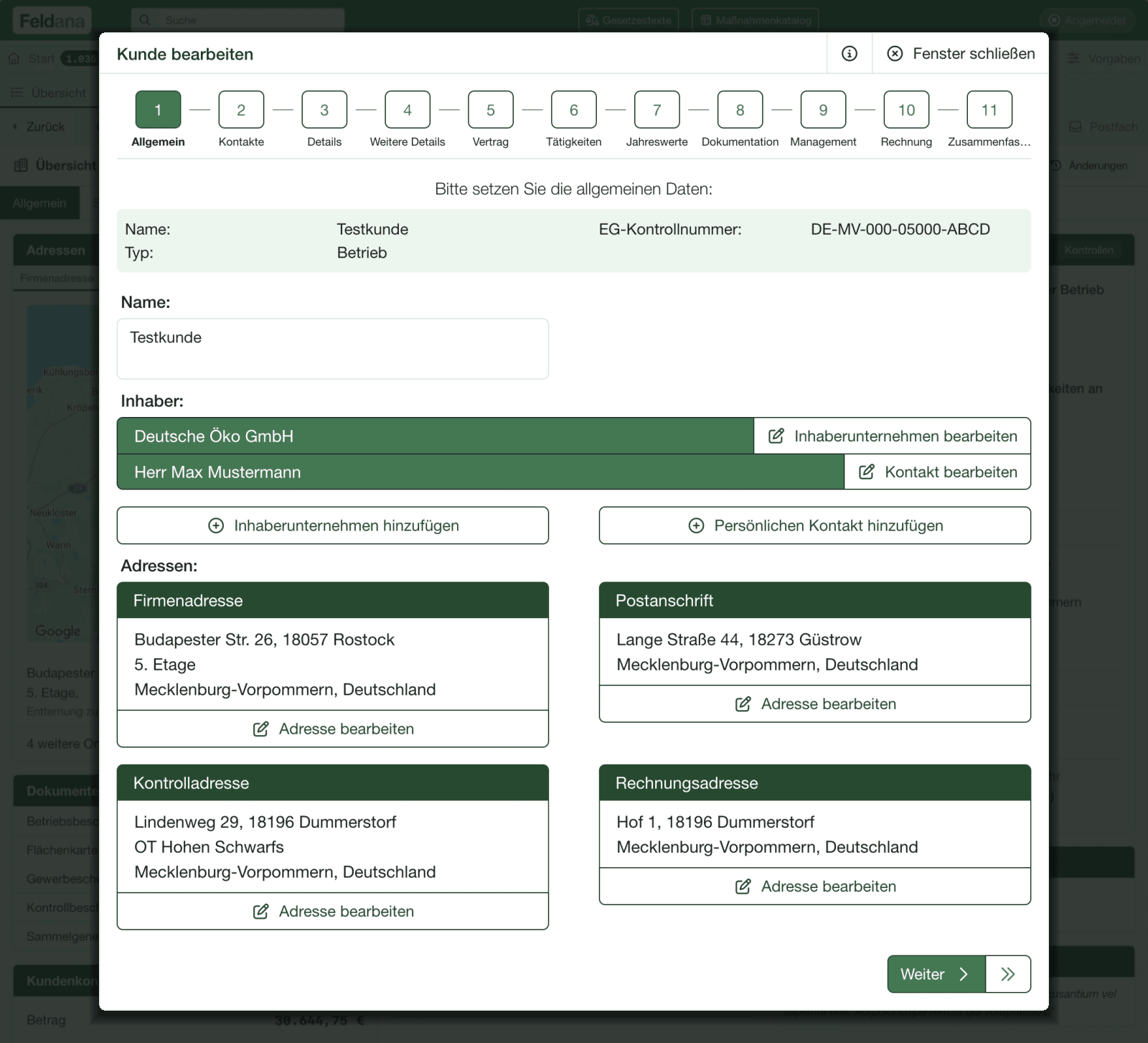 Feldana assistant for editing customers – guided input in eleven steps with holders and addresses in the first step