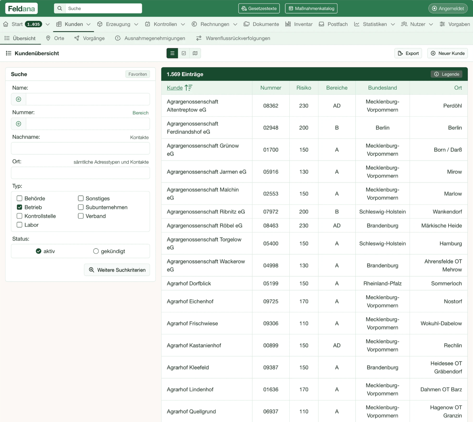 Feldana customer overview – searchable customer list with number, risk, control areas and location
